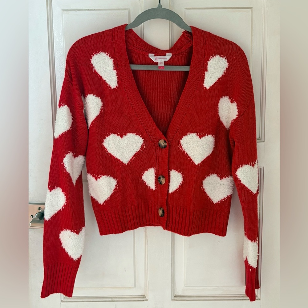 No Boundaries Red Cardigan with White Heart Pattern (Size S3/5 -like new)
